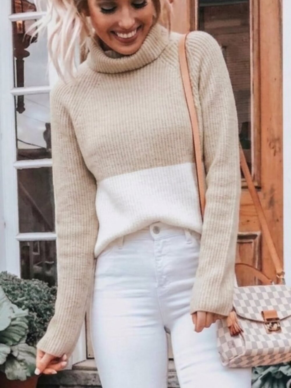 NEW NWT LEITH Transfer Stitch Turtleneck Sweater Beige Cream Ivory Cropped Crop